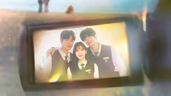 Camcorder screen displays three students in school vests posing together outdoors