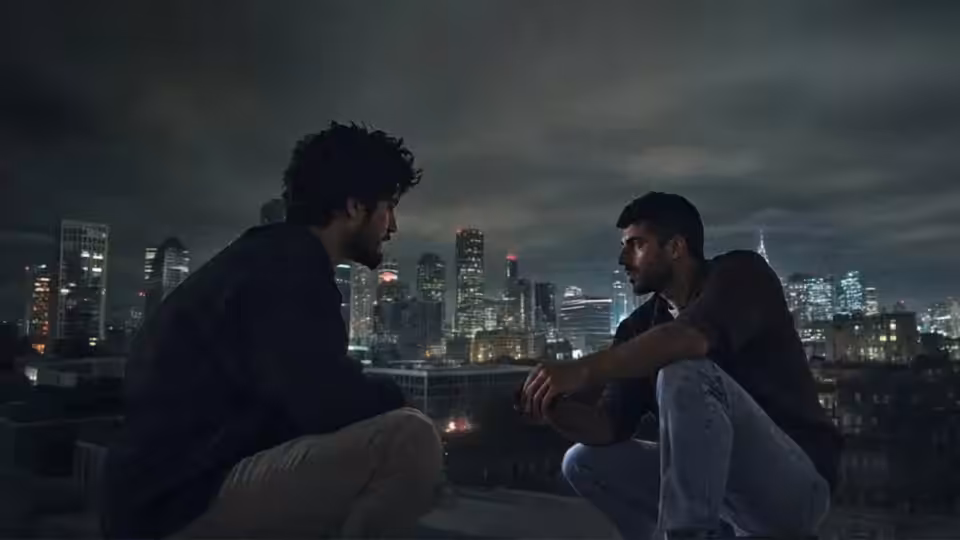 Two men sit facing each other on a rooftop overlooking a city skyline at night