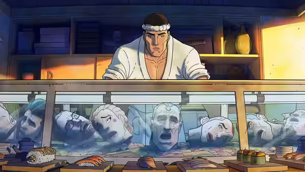 Jiro stands behind a sushi counter displaying severed heads in the case