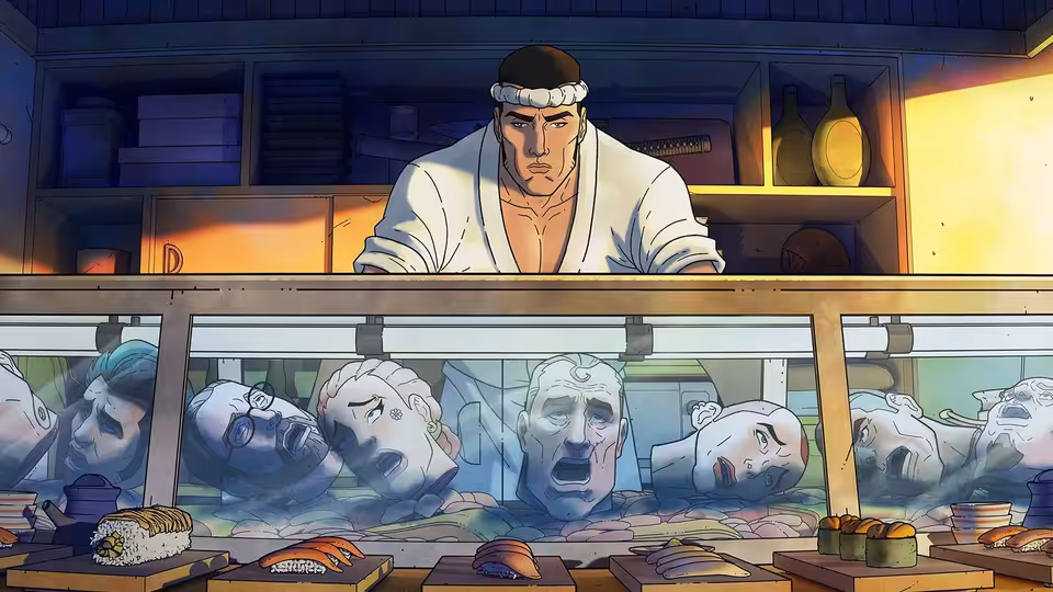 Jiro stands behind a sushi counter displaying severed heads in the case
