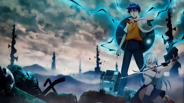Young man in yellow shirt stands by white-haired swordswoman in rocky ruins