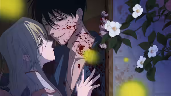 Satoko Kirigaya cradles bloodied Shinpei Gotō beside flowering branches