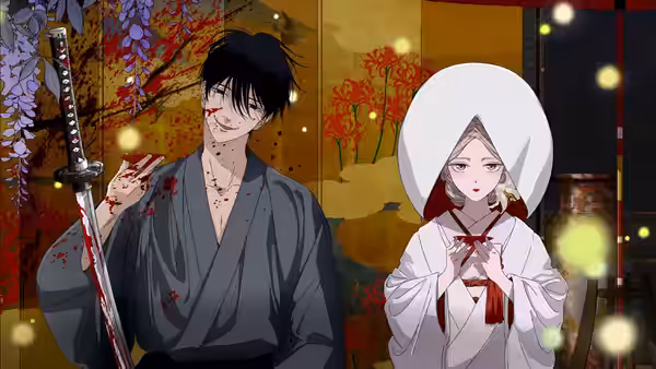 Bloodied Shinpei Gotō stands with a sword beside Satoko Kirigaya in bridal attire