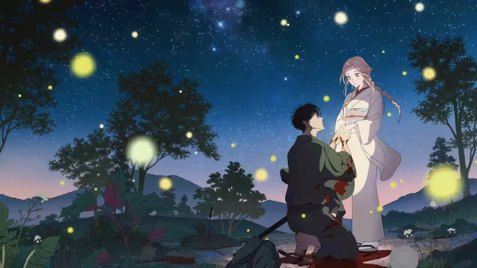 A kneeling man gazes up at a standing woman amid fireflies under a starry night sky