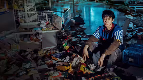 A man sits among scattered rubbish in a cluttered shop