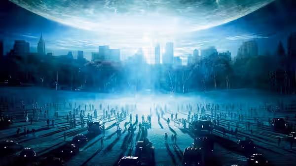 A large crowd gathered in a park beneath a massive glowing sphere over the city
