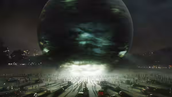 A crowd in a field at night looking up at a dark glowing sphere