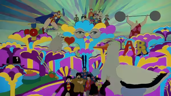 Beatles waving below a giant bird in a surreal multicolored landscape