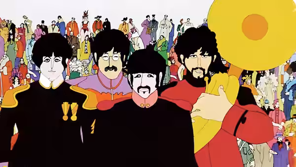 Four Beatles in uniform facing a large crowd of figures
