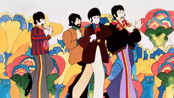 Four Beatles dancing among oversized colorful flowers and blue creatures
