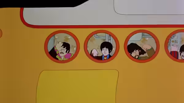 Four Beatles peering from portholes of a yellow submarine