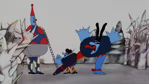 Clown standing beside a fallen man and large blue creature