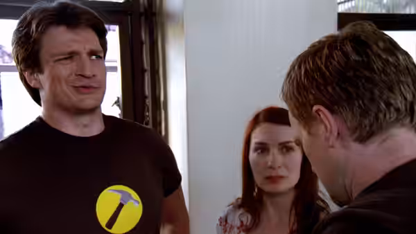 Captain Hammer (Nathan Fillion) speaking to Penny (Felicia Day) and Dr. Horrible