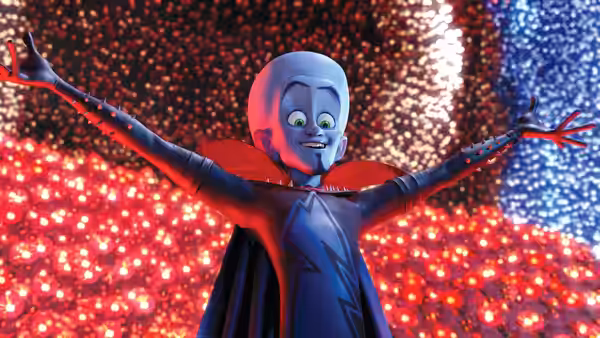 Megamind (Will Ferrell) spreads his arms before a dazzling display of fireworks