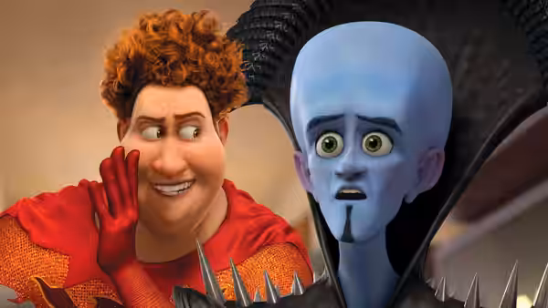 Hal (Jonah Hill) whispers beside a startled Megamind (Will Ferrell)