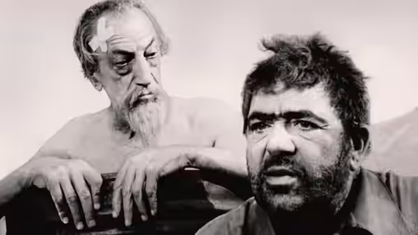 Don Quixote (Francisco Reiguera) with bandaged head beside Sancho Panza (Akim Tamiroff)