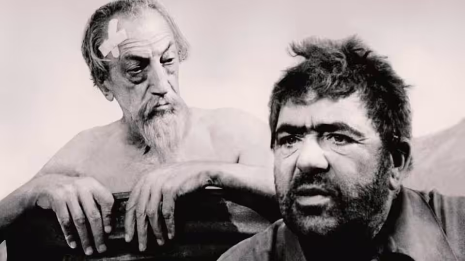 Don Quixote (Francisco Reiguera) with bandaged head beside Sancho Panza (Akim Tamiroff)