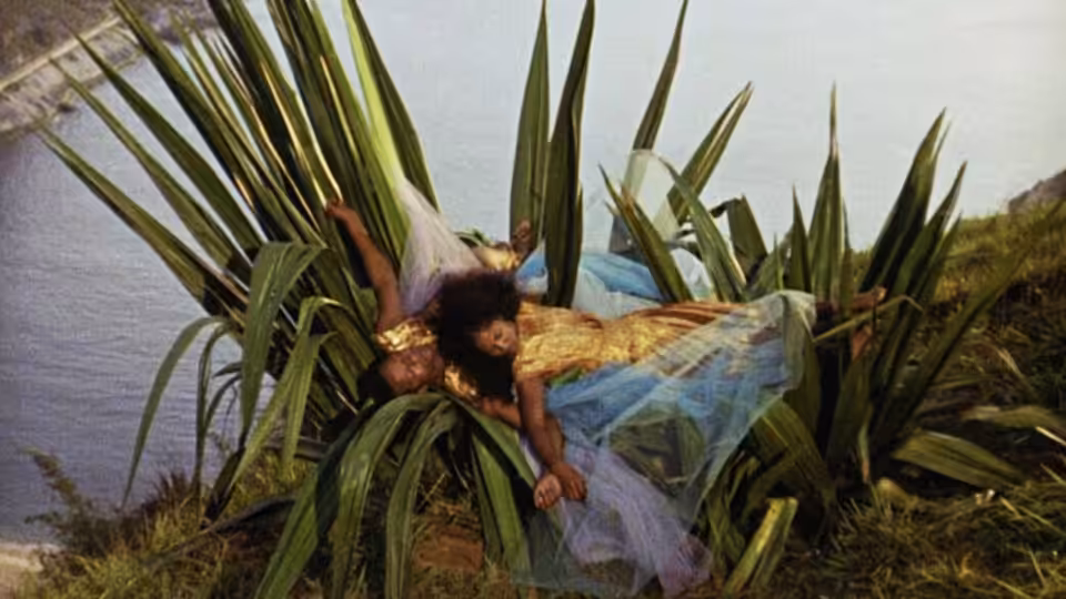 A man supports a woman in a blue dress among broad-leaved plants beside the water
