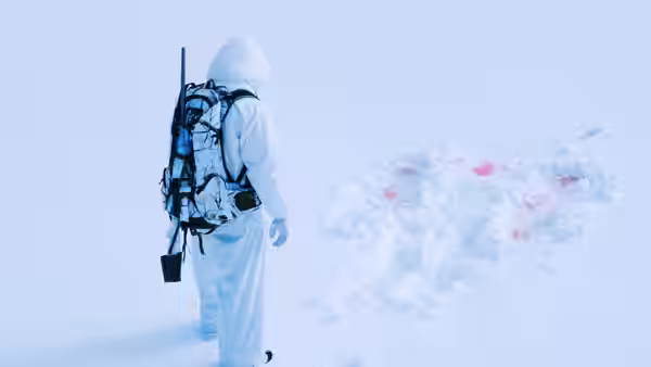 Figure in white winter clothing walks past blood in the snow