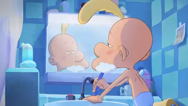 Titeuf shaving his face while looking in the bathroom mirror