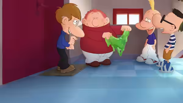 Titeuf and classmates inspecting a green item in the hallway