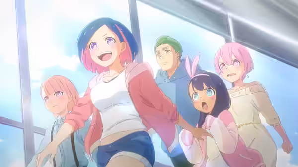 A group of students stands by large windows as a girl smiles and her friends react