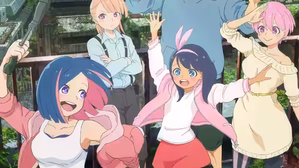 A group of girls gathers outdoors, one raising her arms as the others look on