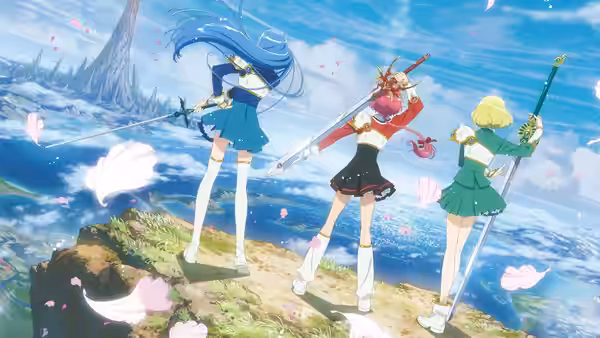 Hikaru Shidou (Ayane Sakura), Umi Ryuuzaki (Rumi Ōkubo), and Fuu Hououji (Rie Takahashi) stand armed on a rocky ridge
