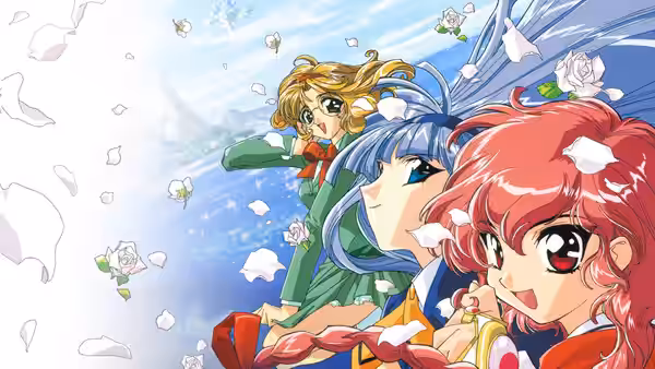 Hikaru, Umi and Fuu soar through a bright sky amid drifting rose petals