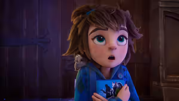 A brown-haired girl in a blue jacket holds a device as a small creature perches on her shoulder