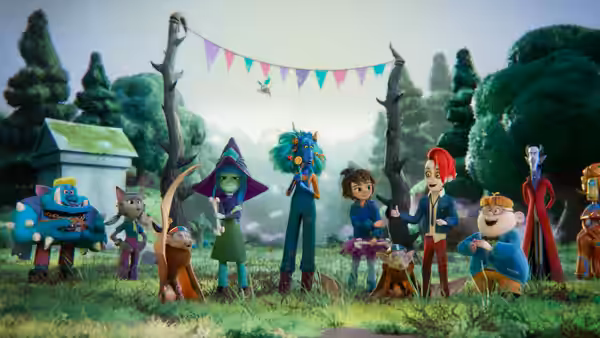 Group of monster children gathered in forest clearing under colorful bunting flags