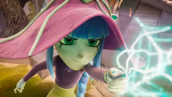 Green-skinned girl in oversized pink hat conjuring glowing turquoise magical energy