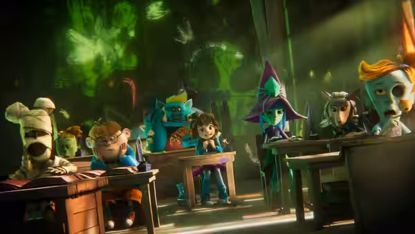 Students seated at wooden desks in dimly lit classroom with floating green creatures