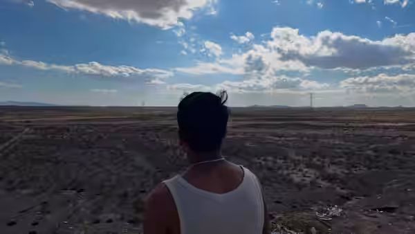 A man in a white tank top looks out over a vast desert landscape