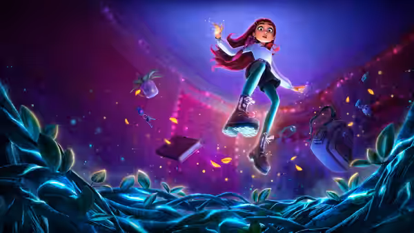 Billie Doe (Hailee Steinfeld) floating amid books in a starry magical space