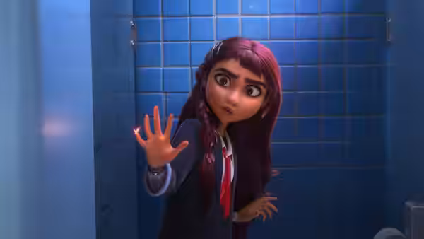 Billie Doe (Hailee Steinfeld) pressing her glowing hand to a blue tiled wall