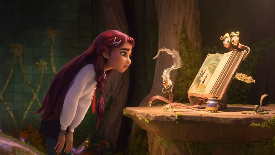 Billie Doe (Hailee Steinfeld) leaning toward an open magical book beside a creature