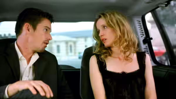 Jesse (Ethan Hawke) and Céline (Julie Delpy) talking inside a car