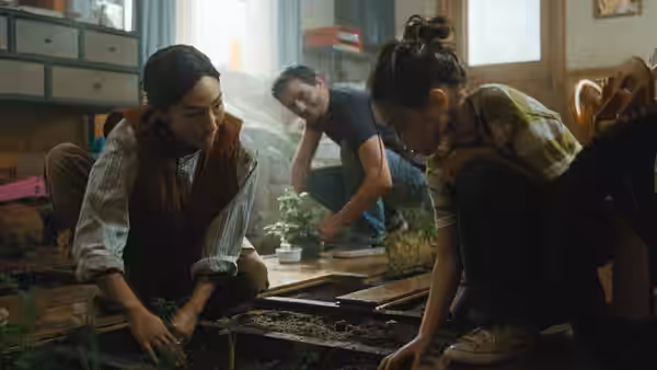 Two women and man tend seedlings on floor of sunlit indoor garden space