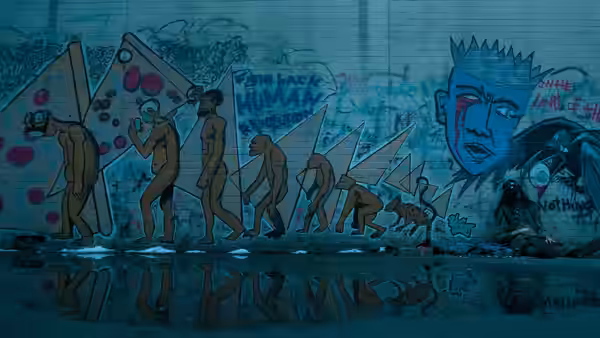 Graffiti on wall shows human evolution into robotic forms by water