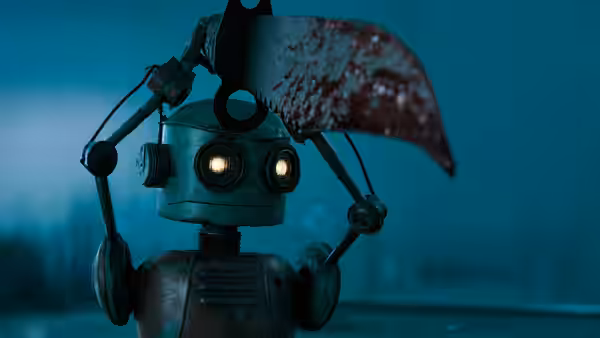 Rusty robot with glowing eyes holds a large bloodied saw blade