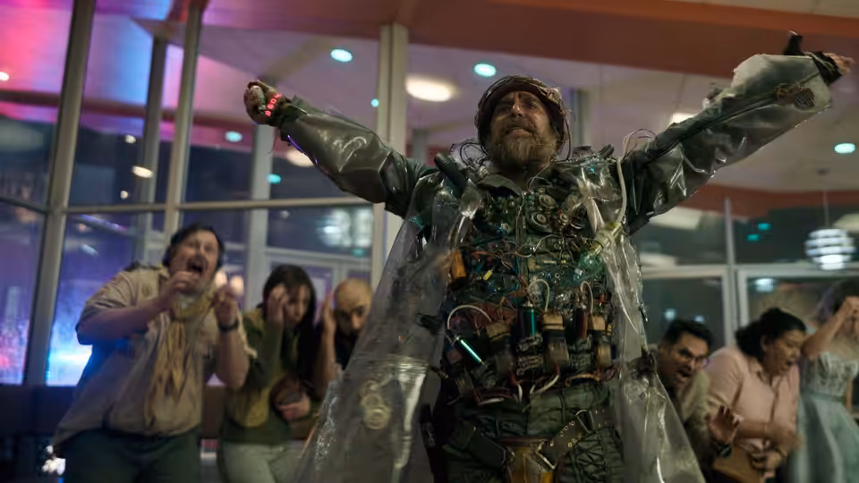 Bearded man in gadget-covered coat extends arms in a crowded room