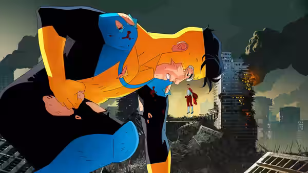 Young hero in blue and yellow suit grapples with large blue opponent above ruined city