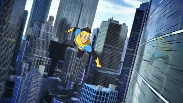 Flying hero in yellow blue suit soars past skyscrapers with reflected figure in glass