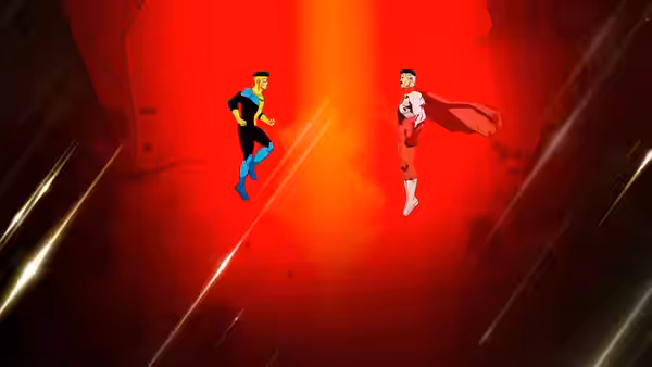 Young hero in blue suit faces older man in red cape inside glowing red chamber
