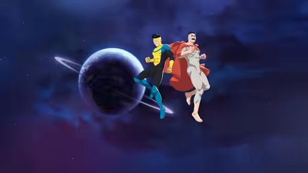 Two heroes in colorful suits fly through space near ringed planet
