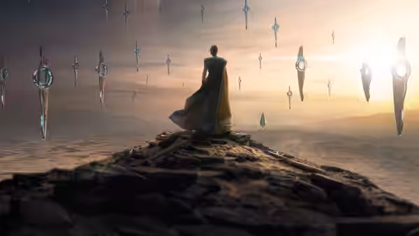 A cloaked figure stands on a rock amid floating blades at sunset