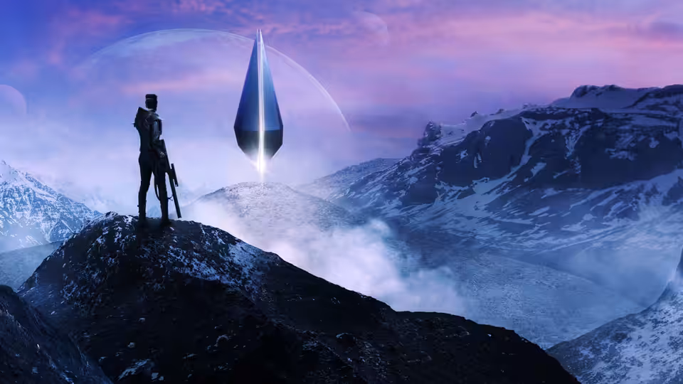 A figure stands on a rocky peak overlooking a glowing pyramid structure