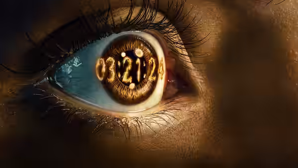 An eye with 03:21:24 reflected in the iris