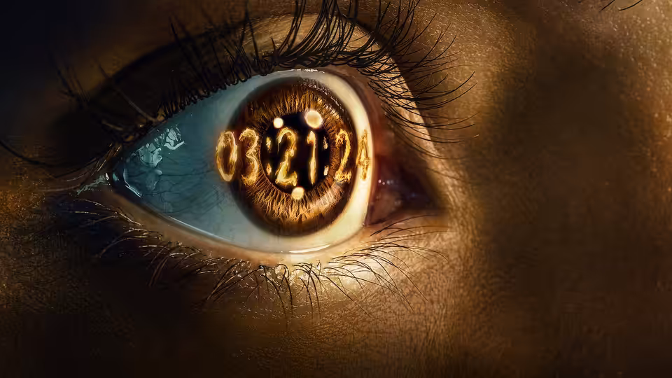 An eye with 03:21:24 reflected in the iris